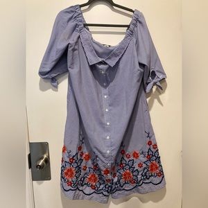 The perfect summer party dress - ModCloth embroidered off shoulder blue stripes